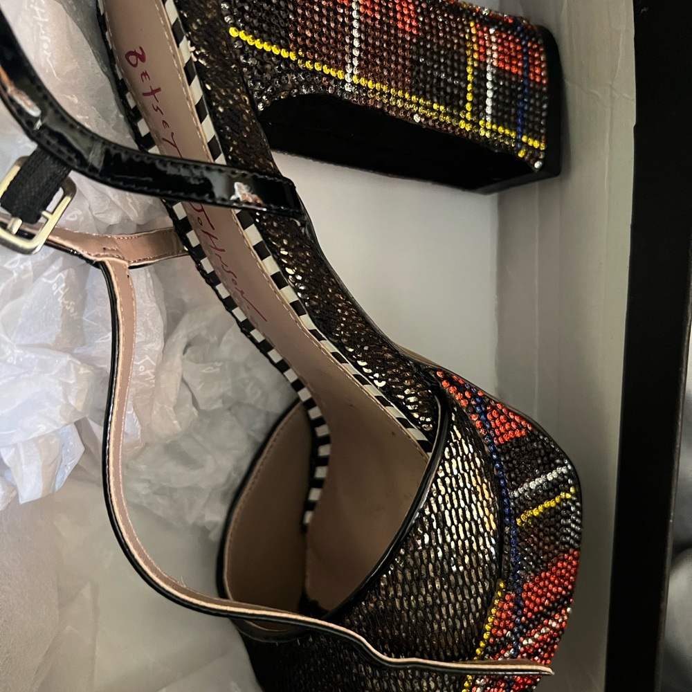 Betsy Johnson plaid sequins heels